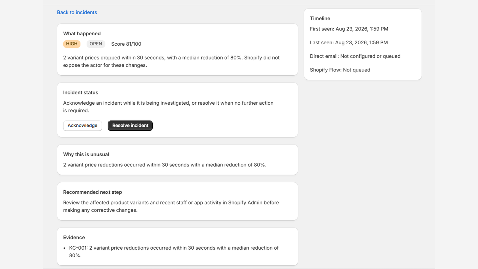 Example KittenCuddles incident explaining a rapid product price reduction